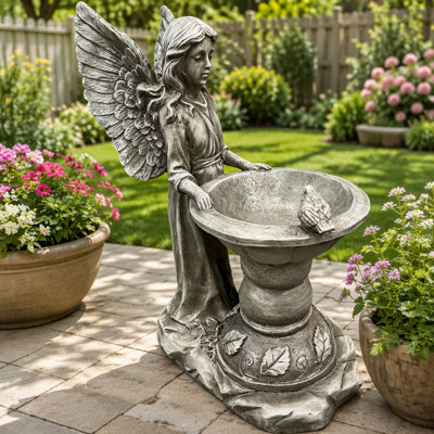 Sculpture d'ange avec bain d'oiseaux, statue d'ange de jardin en résine de 29,5 cm de large avec bol sur piédestal, mangeoire et abreuvoir décoratifs pour la décoration extérieure.