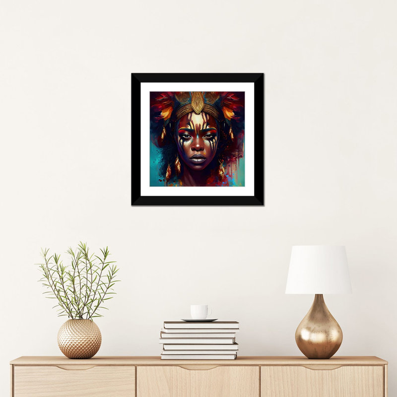 Powerful African Warrior Woman III, Black Open Corner Frame Paper, 16" H x 16" W x 1" D