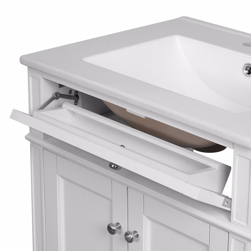Meuble-lavabo 24 po avec 2 portes et tiroir escamotable, armoire de rangement de salle de bain avec lavabo, portes à fermeture en douceur avec organisateurs