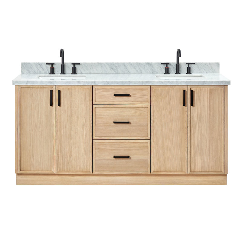 ARIEL Kelly 73 Double Sink Bathroom Vanity with Italian Carrara Marble Top, Oak