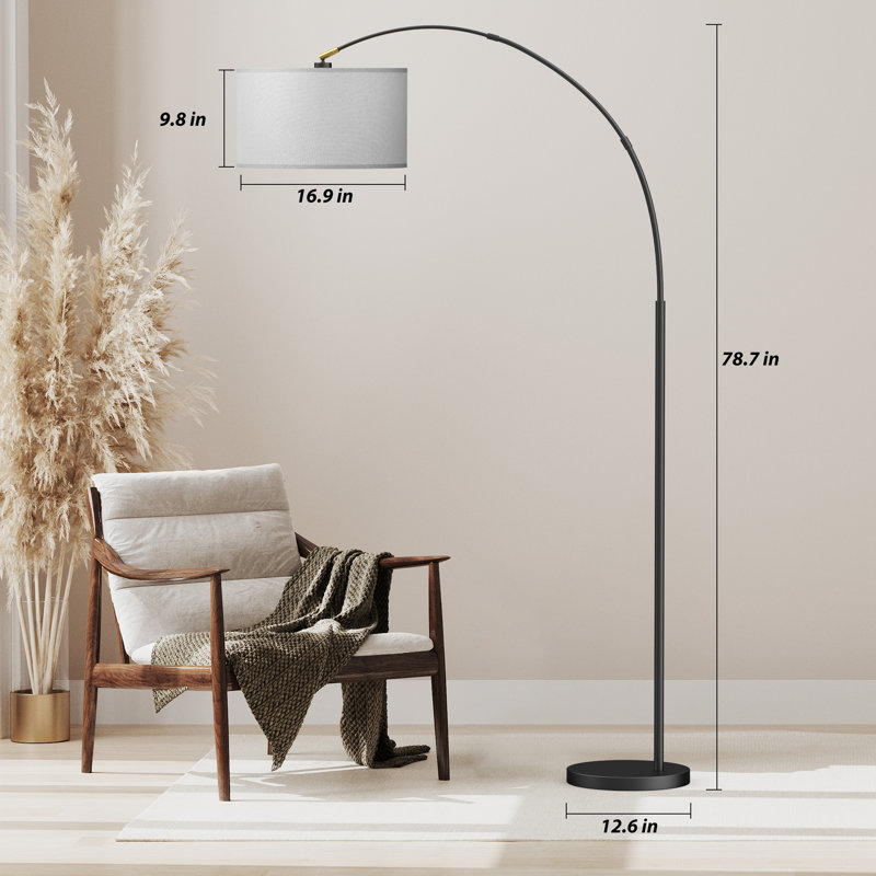 Lampe sur pied arquée 78,7 po Asem avec télécommande, ampoule DEL incluse et grand abat-jour Asem, Gris clair, Noir mat