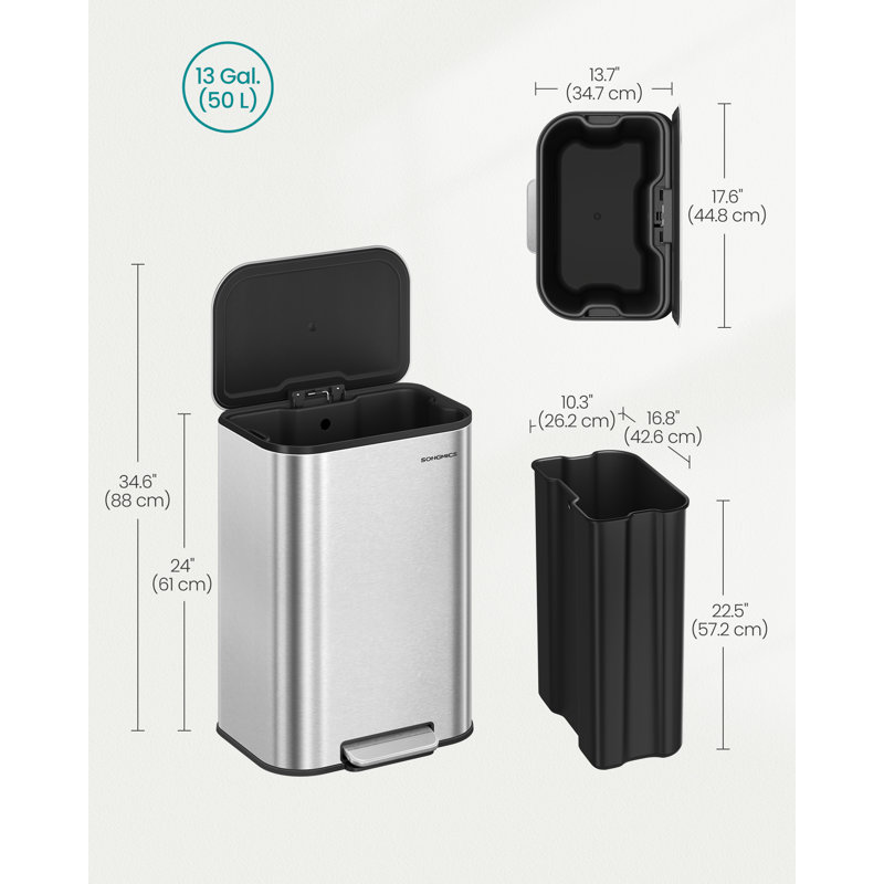 Step On Kitchen Trash Can, Metallic Silver, 50 L, 61cm H x 35cm W x 45cm D