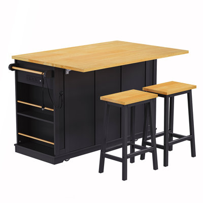 53inch Large Kitchen Island with Bar Stools, Power Outlet, Storage, and Mobility for Enhanced Cooking Experience