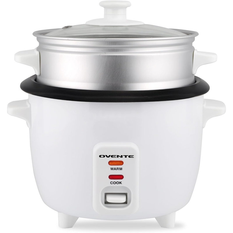 OVENTE Electric Rice Cooker and Food Steamer – 10-Cup Cooked Capacity (5 Cups Uncooked), Nonstick Removable Pot, Keep Warm Function, Steaming Basket, Measuring Cup & Spatula Included, White RCS01W