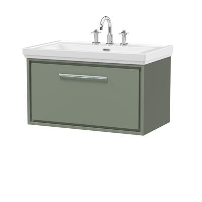 Hudson Reed Lille 600mm Fern Green 1 Drawer  Wall Hung Vanity Unit With 3 Tap Holes Fireclay Basin