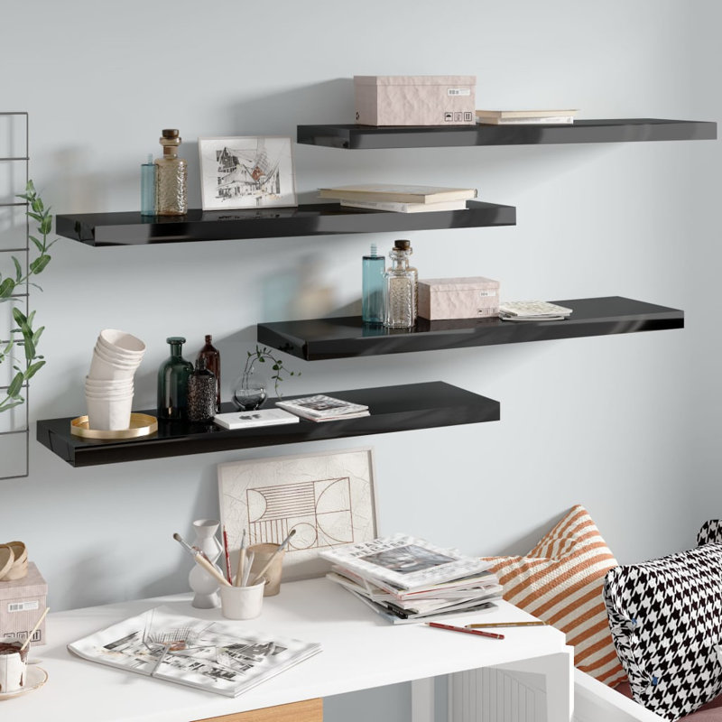 Wall Shelf  Wall Mounted Display Shelf for Photo Frame Set of 4, High Gloss Black, 1.5" H x 9.1" W x 9.3" D