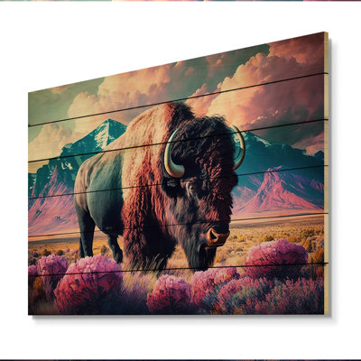 Desiree Buffalo avec paysage - décoration murale animaux en bois