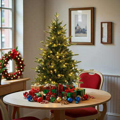 4 Ft Pre-Lit Artificial Christmas Tree With Lights, Fraser Fir Realistic PE PVC Branch Tips, Holiday Xmas Tree, Metal Stand Automatic Unfold Hinged Design, Easy Assembly For Home Party Decoration