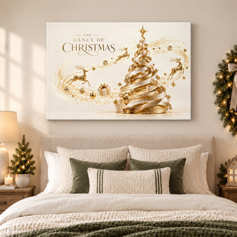 Three Golden Reindeer and Spiral Ribbon Tree Christmas Canvas Wall Art, 16"H x 24"W