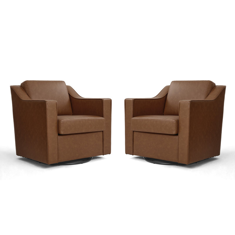 Bronnen Big And Wide Upholstered Coffee Faux Leather Cushion Swivel Armchair with Removable Back and Seat Cushion (Set of 2)