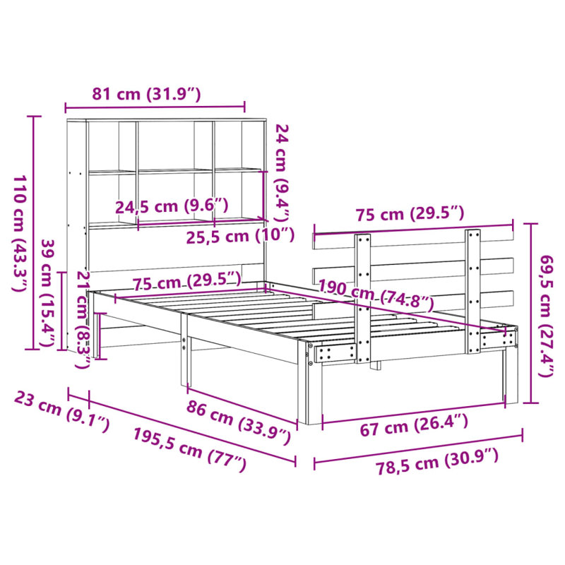 Daryanani Solid Wood Bed, 75 x 190 cm, Wax Brown