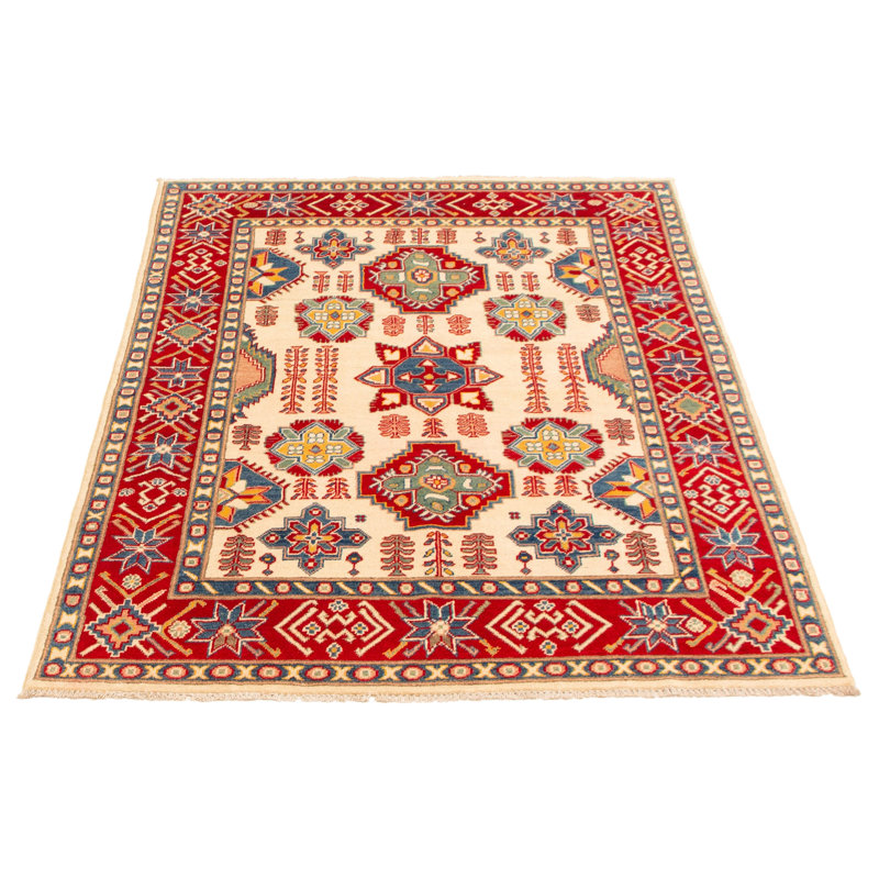 Tapis ivoire en laine noué à la main de conception unique 4 pi 11 po x 6 pi 11 po Morrissa