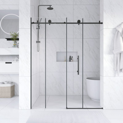 56 In. -60 In. W × 76  In. H Frameless Shower Door  Door With 1/4"Clear  Tempered Glass In Matte Black  |  Explosion Proof Film |   Stainless Steel Handle