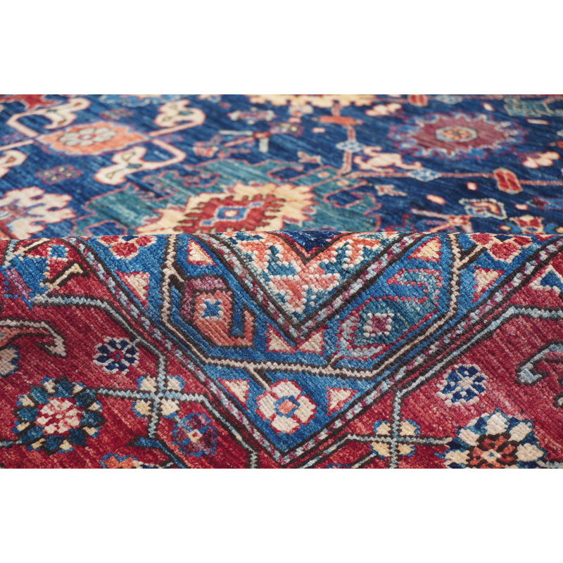 Tapis bleu et rouge noué à la main de haute qualité