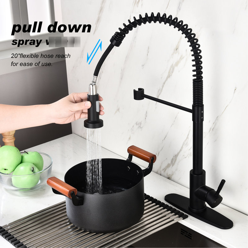 Matte Black Kitchen Faucet With Pull-Out Spray, Stainless Steel, 360 Swivel Nozzle For Seamless Water Supply, Corrosion And Rust- Coating, Single Handle Flow Control Pull Out Spray In Black, Rotating
