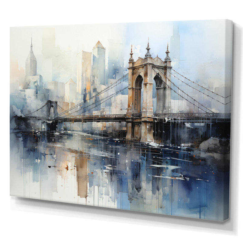 Egisto Blue Bridge Reflection Connections - Imprimé, H 16 po x l 32 po x P 1 po, Toile tendue