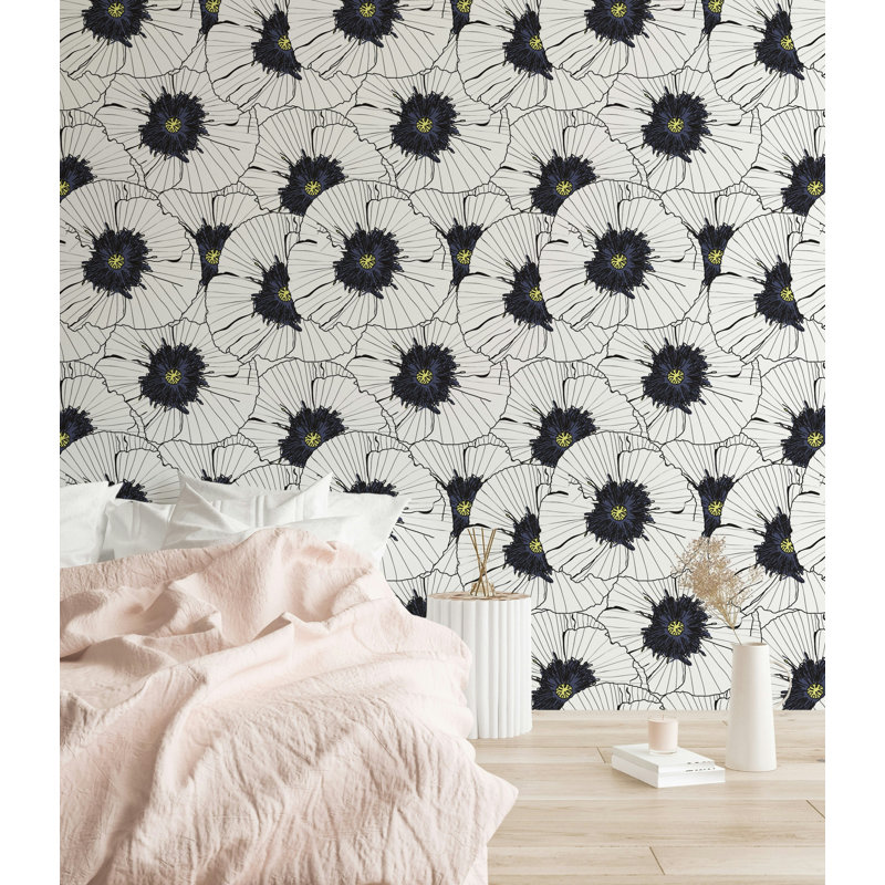 Papier peint floral coquelicot noir et blanc avec centre jaune, L 100 po x l 150 po