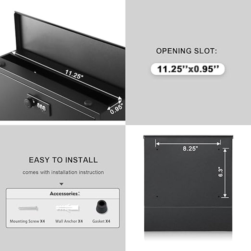 Black Metal Wall Mounted Mailbox with Combination Lock and Newspaper Compartment