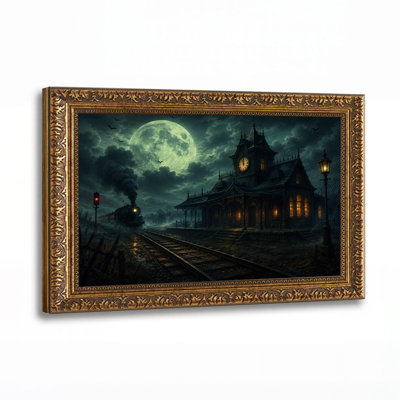 Impression sur toile, train à vapeur approchant la station gothique sous Halloween