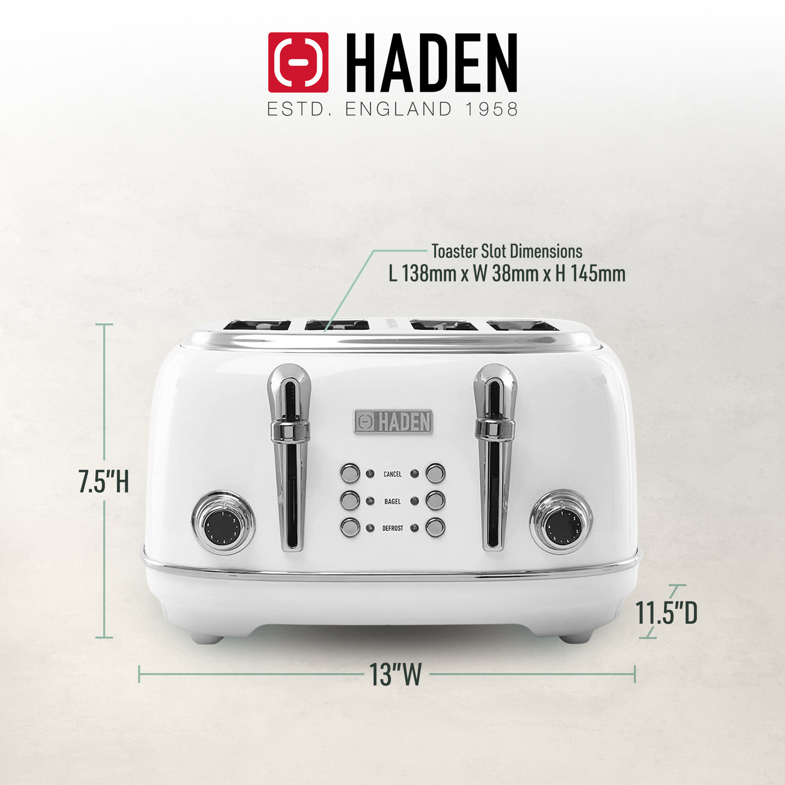 HADEN Heritage 4-Slice Wide Slot Toaster, Ivory White