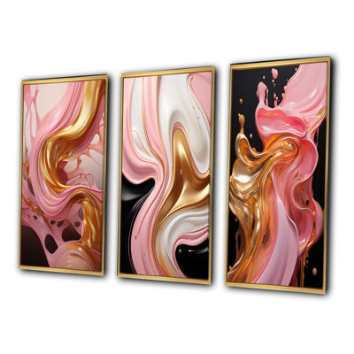 Whimsical Lquid Pink And Gold Glam Art II - Abstract Shapes Art Set Of 3 Pieces