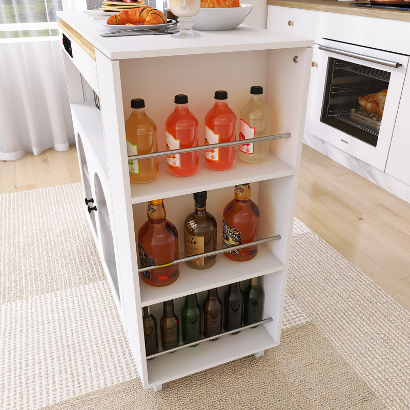 56.3" Rubber Wood Island Countertop Kitchen Cart With Power Outlets And LED Lights, White