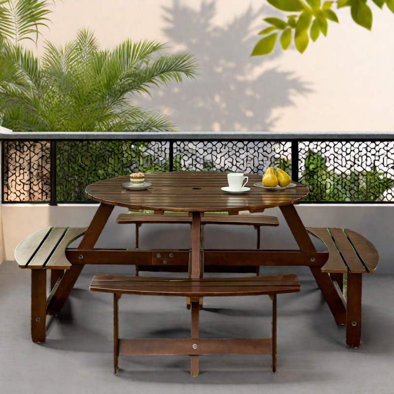 Picnic Table Outdoor 8-person Picnic Table With 4 Built-in Benches And Umbrella Hole, Brown