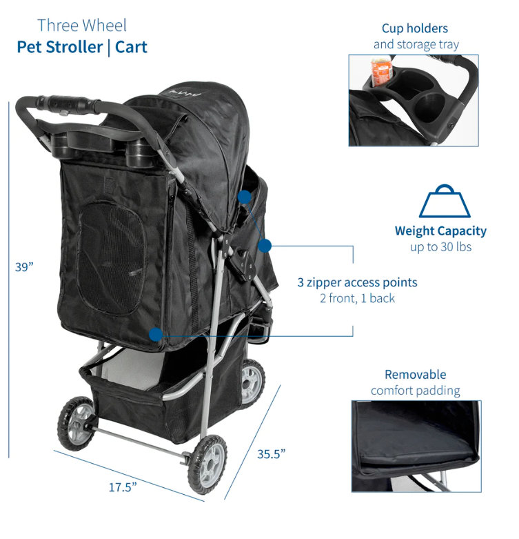 Black Foldable 3-Wheel Pet Stroller with Mesh Windows