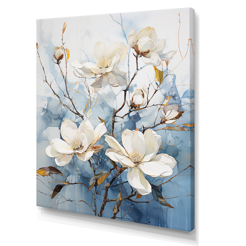 «Magnolias Blossom I» blanc et bleu sur toile, Toile tendue, H 44 po x l 34 po x P 1,5 po