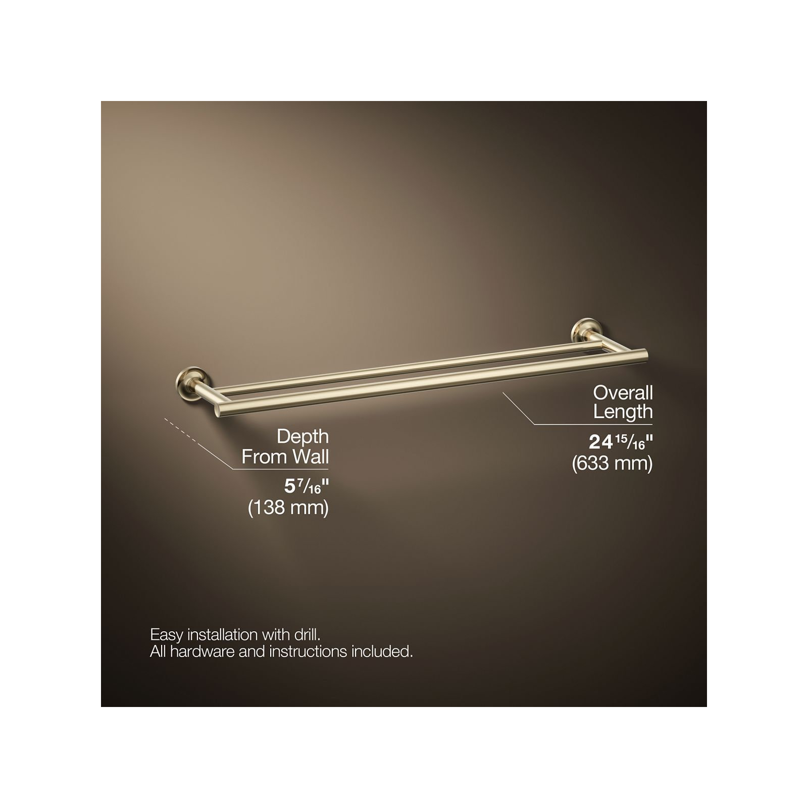 Purist Double 24" Wall Mounted Towel Bar, Vibrant French Gold