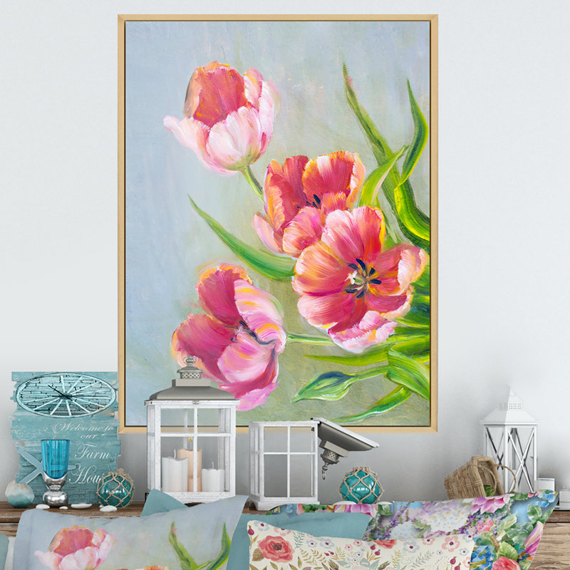 Fleurs de tulipes rouges rétro - peinture sur toile, H 12 po x l 8 po x P 1 po, Toile naturelle avec cadre flottant
