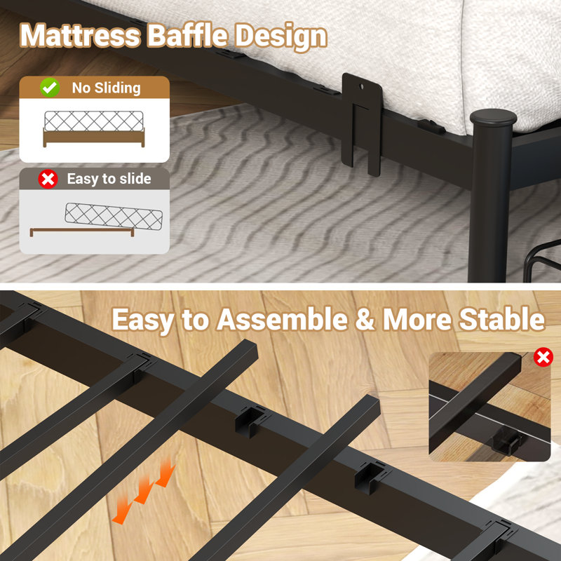 Bed Frame, Storage Headboard With Charging Station, Solid And Stable, Noise Free, No Box Spring Needed, Easy Assembly