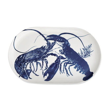 White oval serving platter featuring a detailed blue nautical lobster illustration.