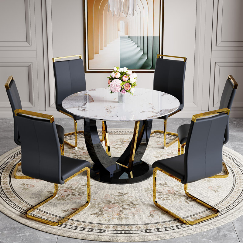 Round Dining Table Set, Black, 7 Pieces: Table, 6 Chairs