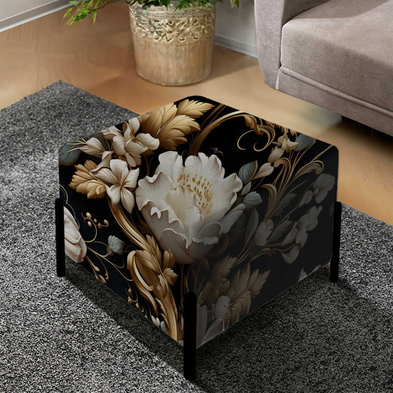 Motif victorien floral noir et blanc doré - repose-pieds carré floral
