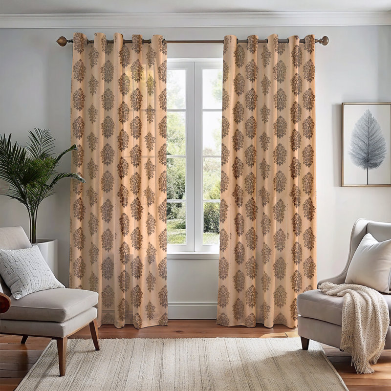 Burlap Print Cotton Light Filtering Grommet Curtain with Cotton Lining for Bedroom, 51" W x 96" L, Natural/Black