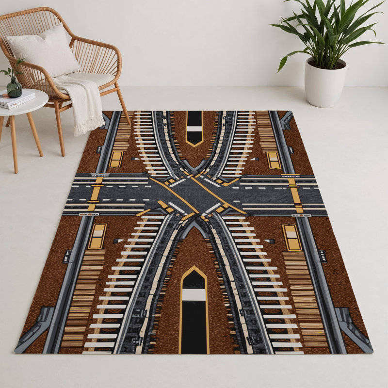 Transportation Black Indoor and Outdoor Area Rug, Rectangle 5' x 7'
