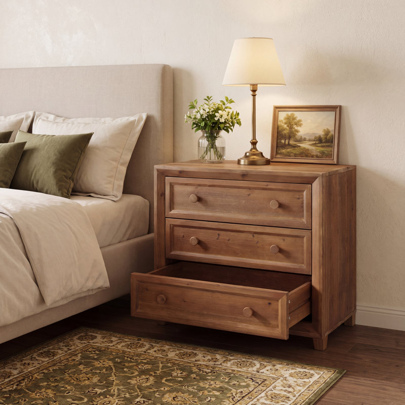 31.5” Solid Wood Nightstand with Drawers, Mid-Century Modern Bedside Cabinet End Side Table for Bedroom, Living Room