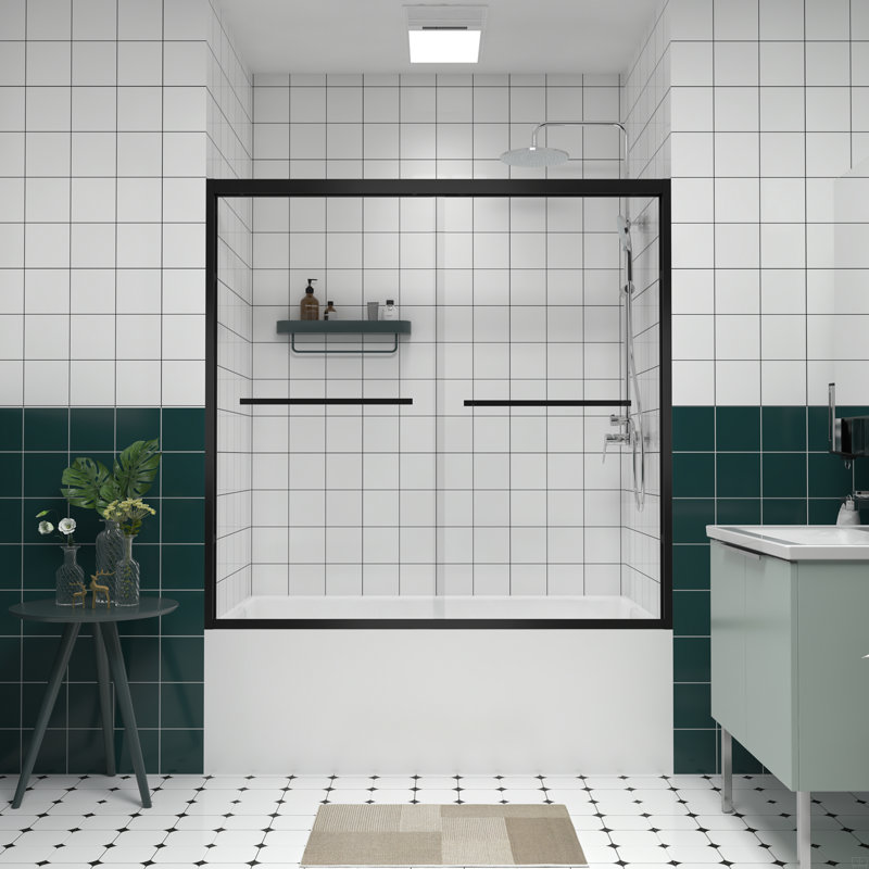 56-60" Aluminum Frame Double Sliding Bathtub Screen, Bypass Bathroom Sliding Door With 1/4" (6Mm) Clear Tempered Glass