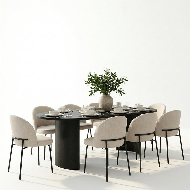 9 - Piece Modern Dining Set With 79" Oval Pedestal Table & 8 Upholstered Curved-Back Chairs, Beige