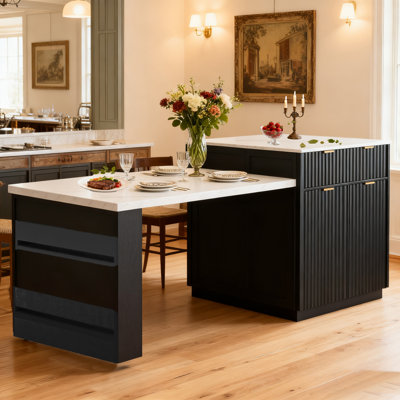 82.6" Fluted Kitchen Island With Extendable Dining Table & Storage For 2-6,Double Side Storage,Charging Station, Spice Racks For Dining Room