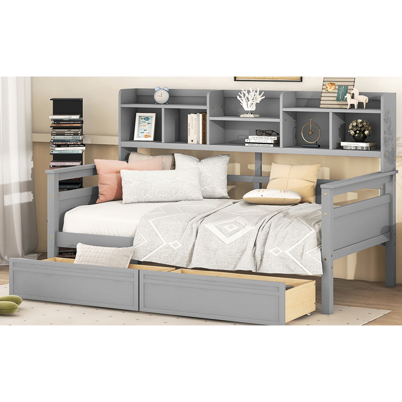 Twin Daybed, Gray - Strong Wood Slat Build, Bedside Storage & Functional Design Daybed In Supported Frame, Shelf Drawers For Utility
