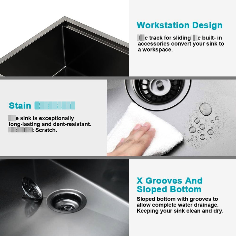 32" L X 19" W Workstation Undermount Kitchen Sink, Black Stainless Steel, Rust And Dent , Deep Basins, Sound Dampening Padding Sink 32", T304 Dampening, With Sliding Track, Basins For Large