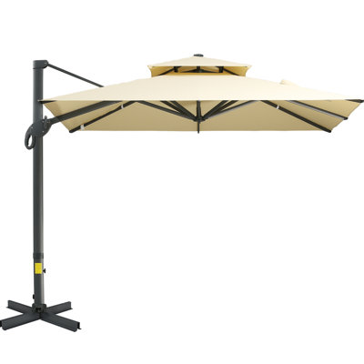 10Ft Patio Offset Umbrella In Beige, 360-Degree Rotation, Tilt, Square, Aluminum Cross Base For Outdoor Living Space Umbrella, 360 Degrees Spin, Garden Shade