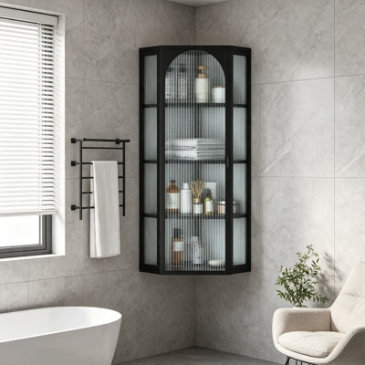 Wall-Mounted Corner Cabinet with Glass Doors – 4-Tier Space-Saving Storage for Bathroom, Living Room & Bedroom | Modern Rust-Resistant Design