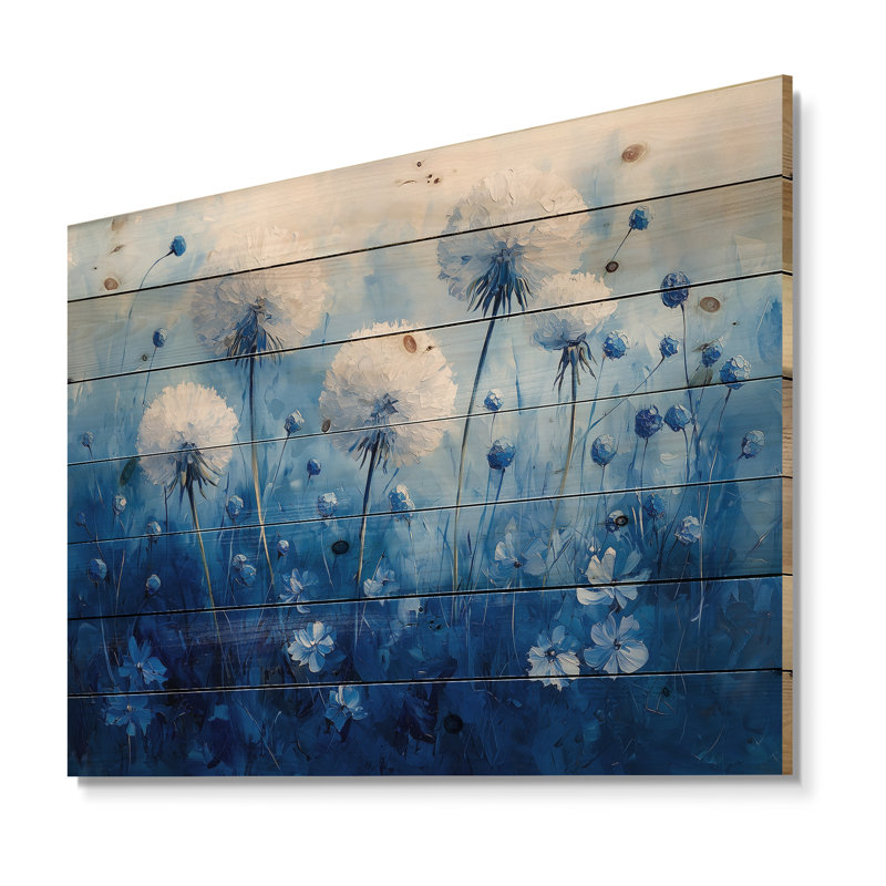 Doux pissenlit lueur dans l'aquarelle Blues II - art mural en bois de pissenlit - sur bois de pin naturel