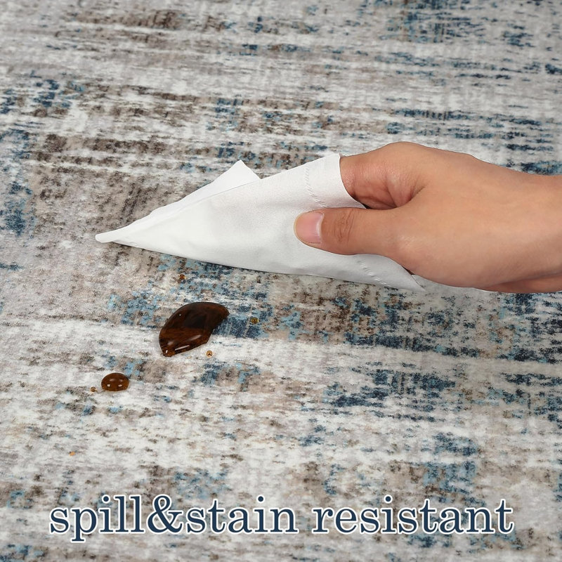 Washable Runner Rug, Modern Abstract, Non-Slip, Stain-Resistant, Distressed, Indoor, Low Pile, Floor Cover, Hallway, Contemporary, Blue.