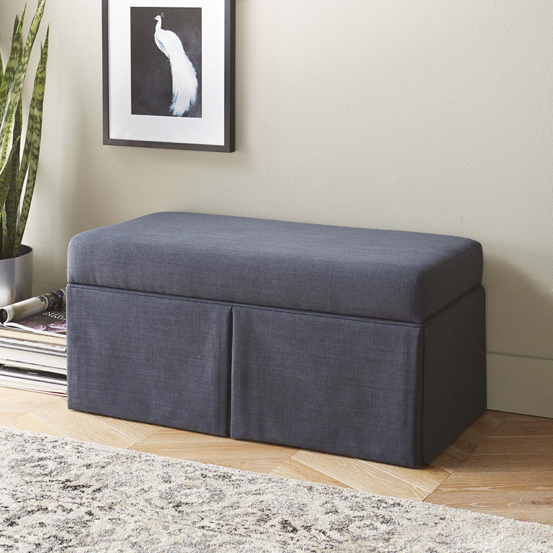Banc de rangement rembourré Delvale, Lin bleu marine classique