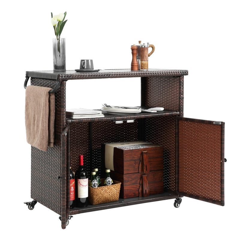 Outdoor Wicker Bar Cart, Patio Wine Serving Cart with Wheels, Rolling Rattan Beverage Bar Counter Table with Plastic Wood Top for Porch, Backyard, Garden & Poolside Party