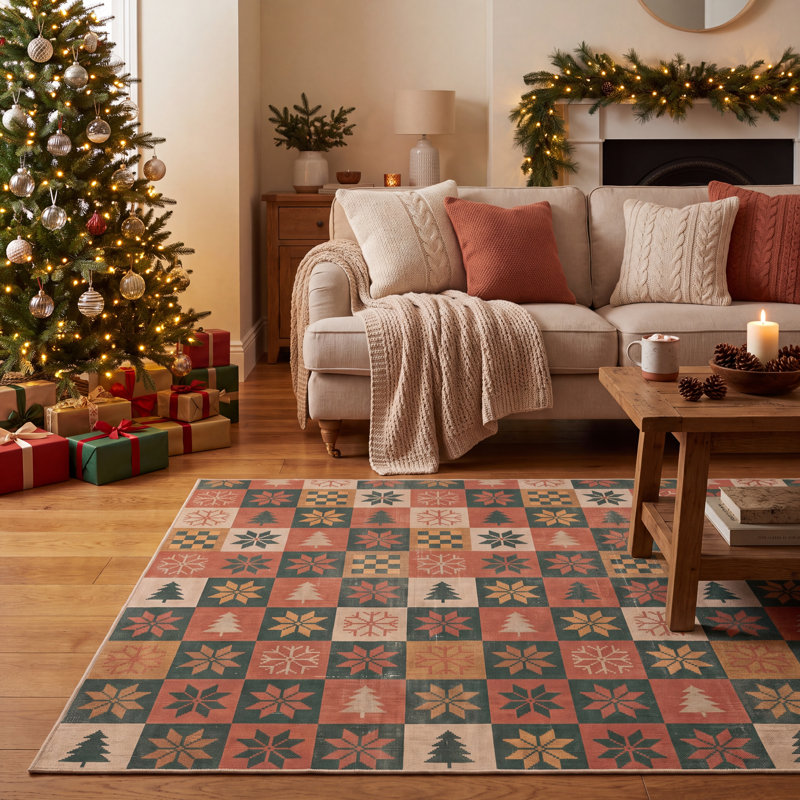 Tapis de porte Springhouse moderne à motifs géométriques orange, vert et or, antidérapant, à poils courts, pour intérieur et extérieur, adapté aux animaux domestiques, idéal pour le salon, la chambre, la salle à manger, l'entrée, le couloir, le bureau, style Noël, tapis de couloir, tapis saisonnier Fair Isle, style scandinave, couleur terre cuite, lavable à la machine.